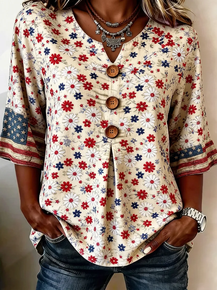Women's Nashville Patriotic Daisy Flag Printed V-neck Top