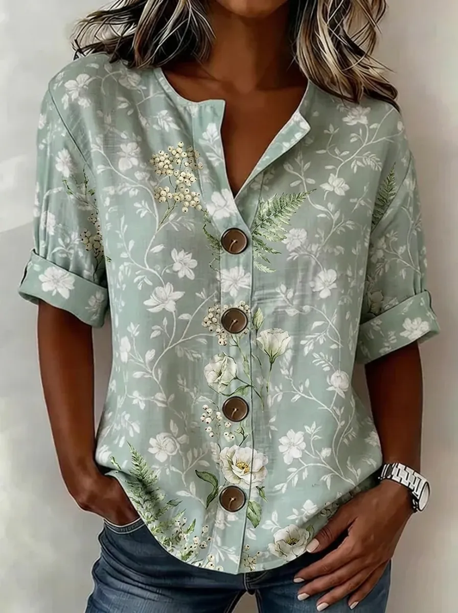 Women's Nashville Floral Botanical Printed Button-Down Top
