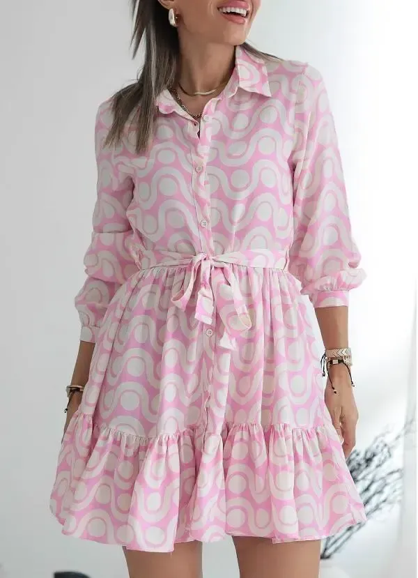 Women's Lapel Sleeve Printed Casual Dress