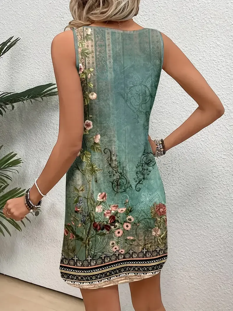 Women's Floral Print Sleeveless Tank Dress, Polyester 95% Spandex 5% Knit Fabric, Crew Neck Casual Loose Fit Spring/Summer Top