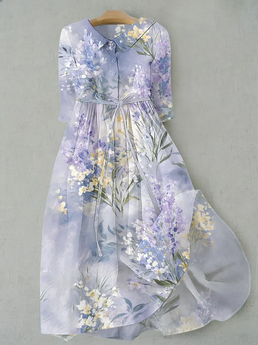 Women's Elegant Floral Lace Up Pocket Dress