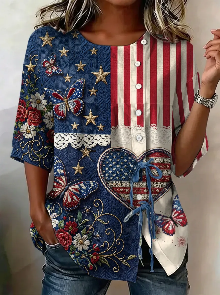 Women's Nashville USA Flag Butterfly Floral Heart Printed Button-up Top