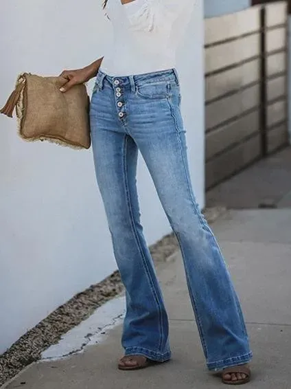 High-rise Stretch Micro-flare Denim Straight-leg Pants