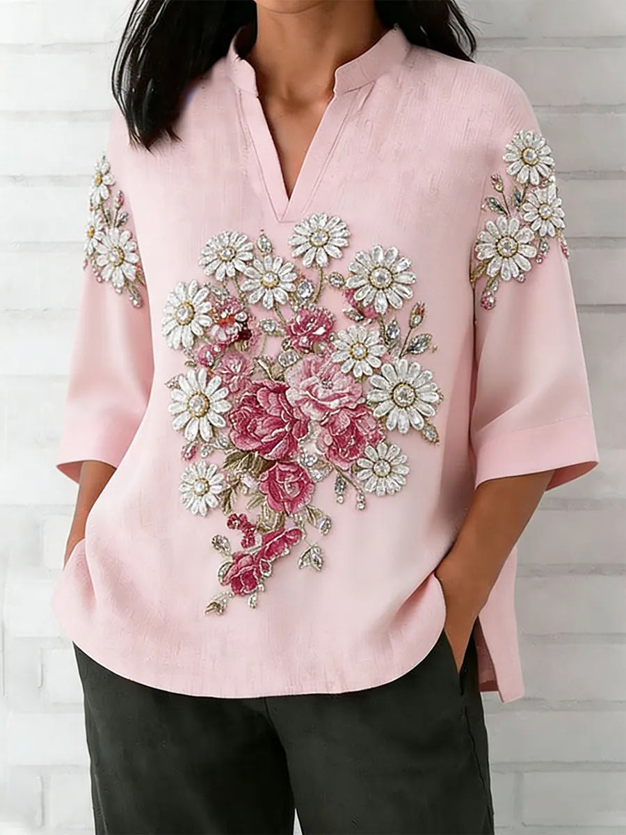 Women's Retro Daisy Flower Embroidery Art Linen Blended V-neck Top