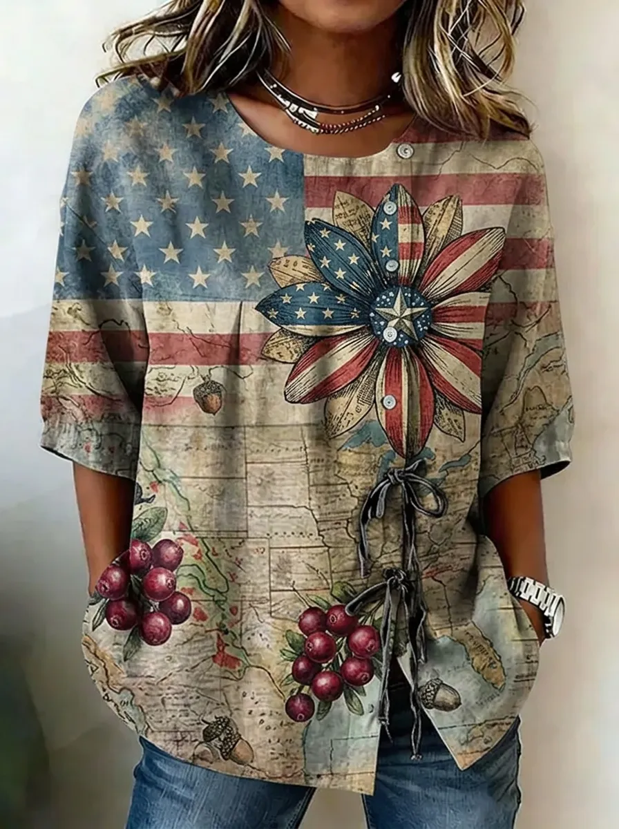 Women's Nashville USA Flag Sunflower Berry Printed Top