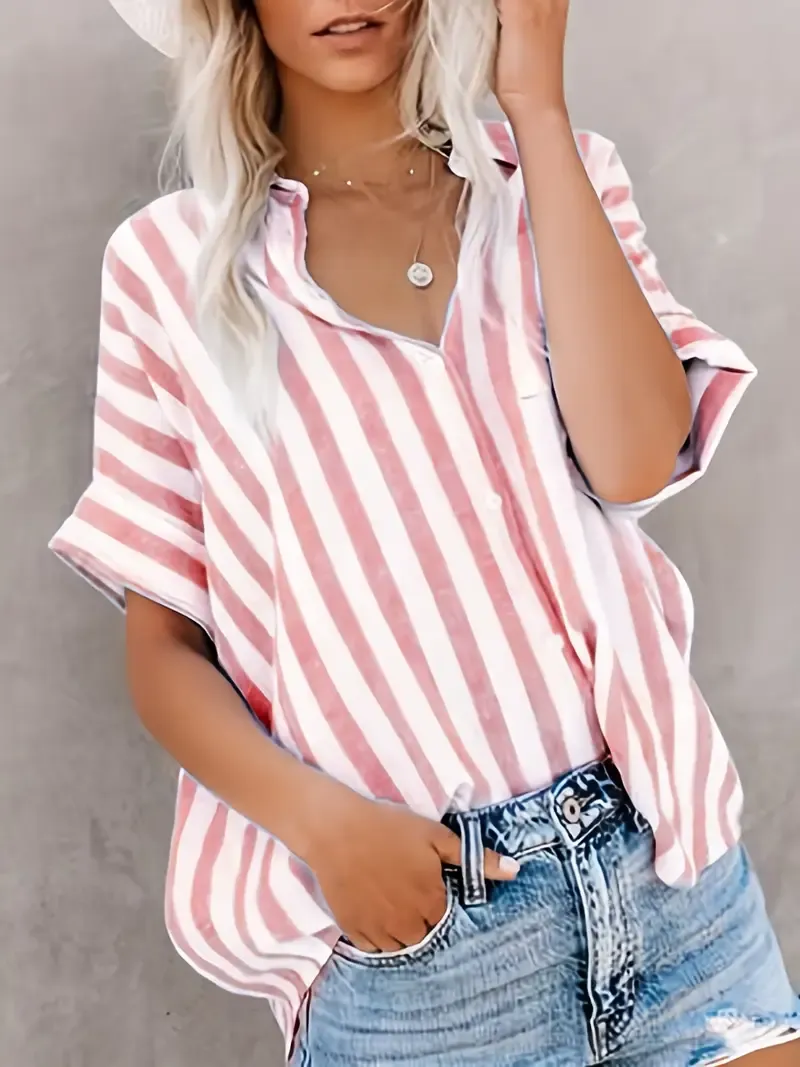Button Up Striped Shirt, Loose Casual Top For Spring & Summer, Women's Clothing