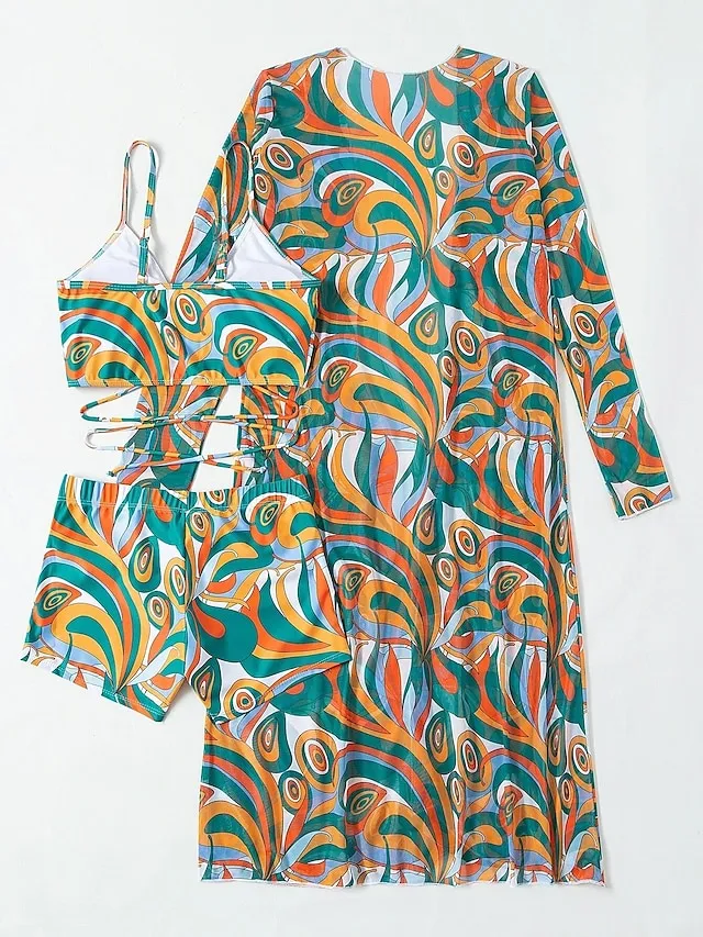 Women's Swimwear Bikini Normal Swimsuit 3-Piece Printing Graphic Black Yellow Blue Purple Orange Bathing Suits Sports Beach Wear Push Up