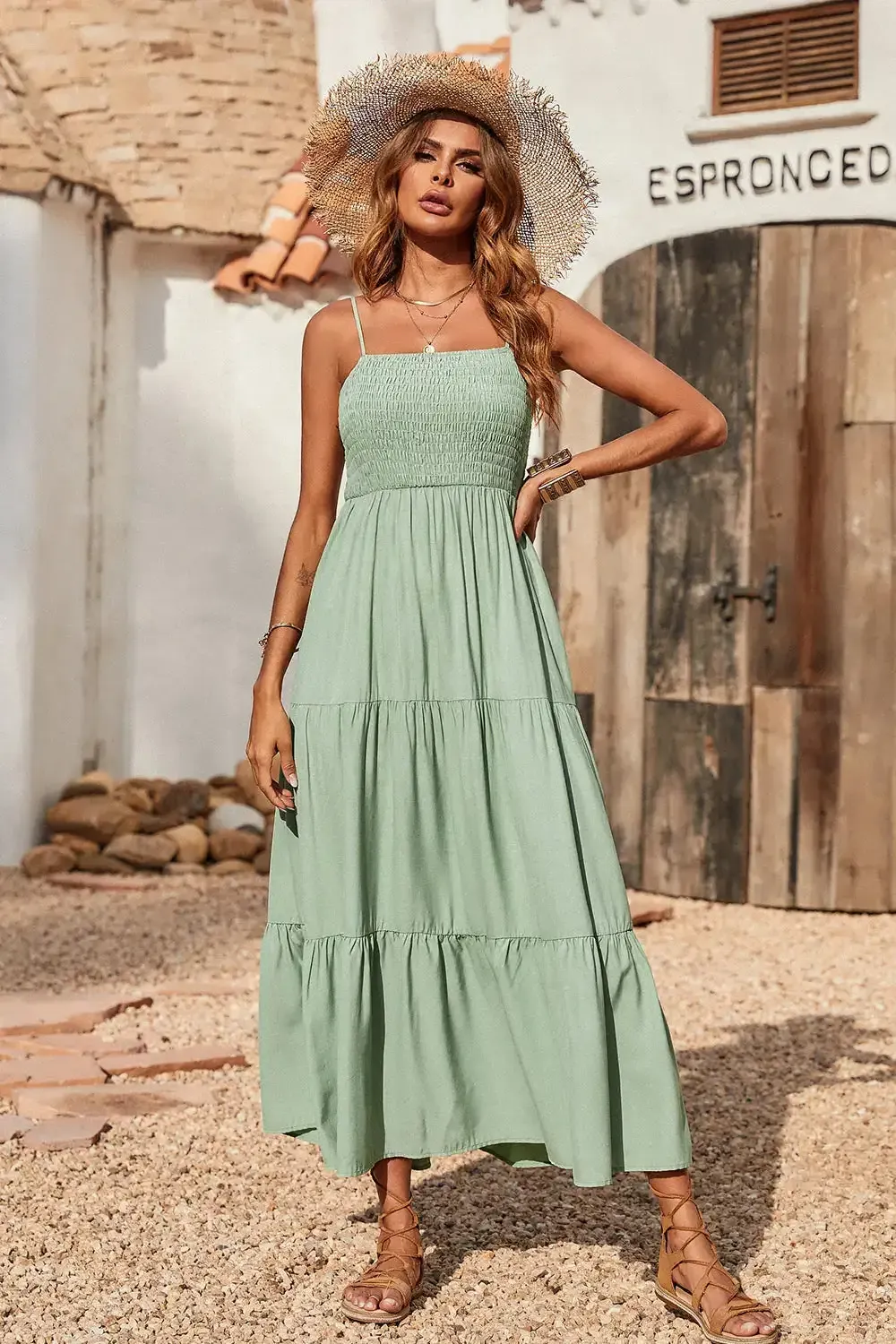 Sleeveless Spaghetti Strap Smocked Tiered Maxi Dress