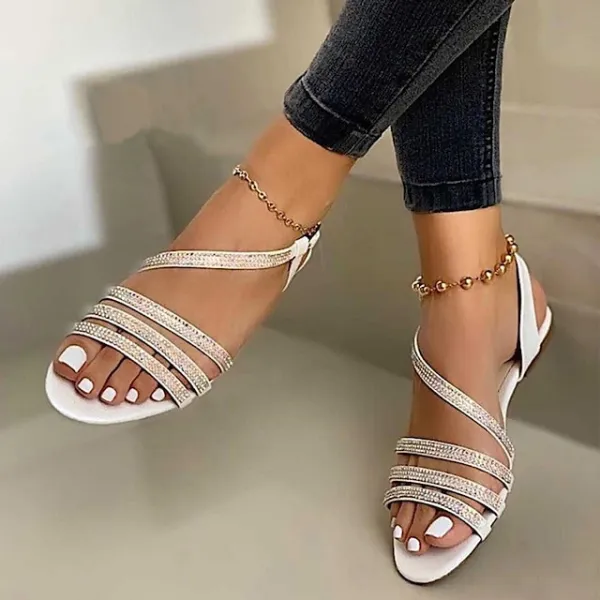 Women's Sandals Boho Bohemia Beach Sparkly Sandals Daily Summer Rhinestone Flat Heel Open Toe Casual Faux Leather Loafer Black Silver Gold