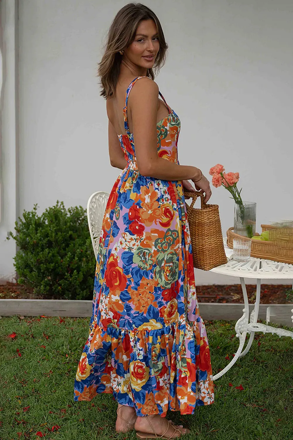 Square Neck Floral Pleated Maxi Dress