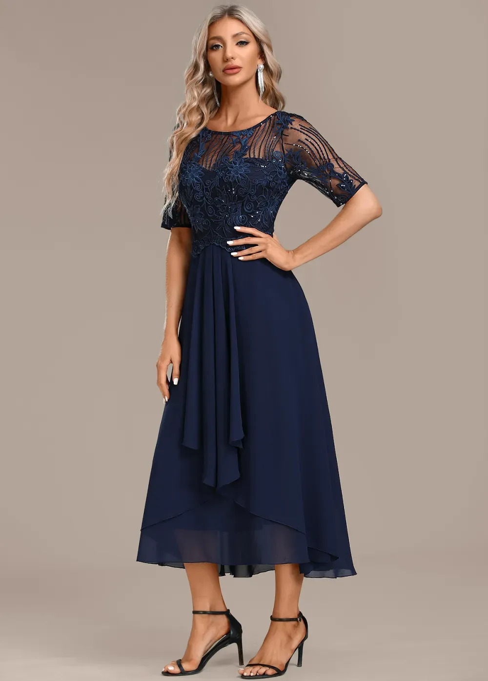 Navy Lace Short Sleeve Round Neck Dress
