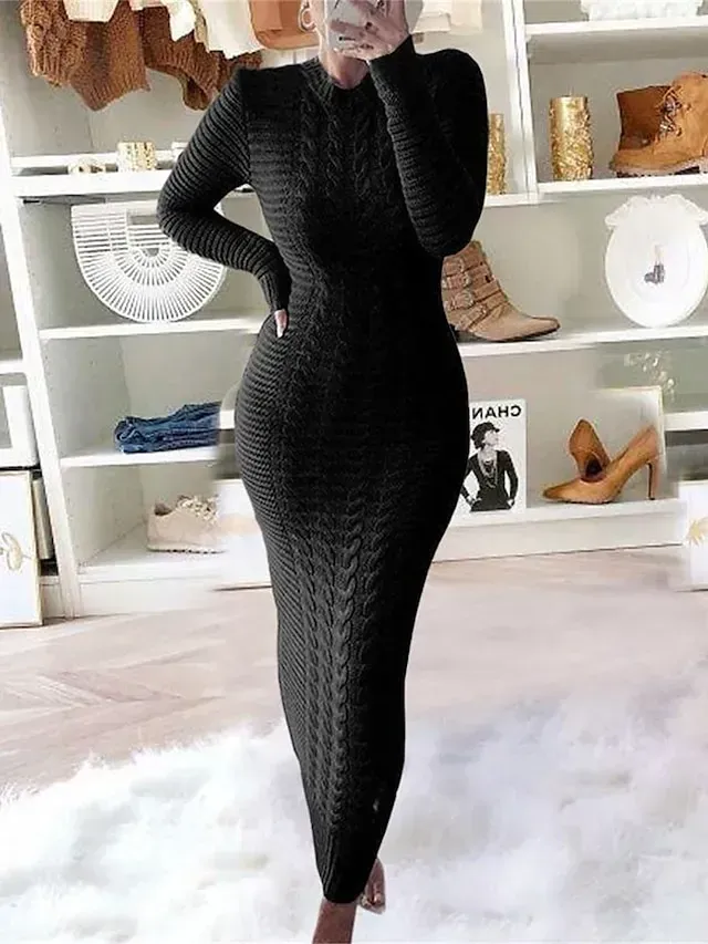 Women's Sweater Dress Crew Neck Ribbed Knit Polyester Knitted Fall Winter Long Outdoor Daily Going out Stylish Casual Soft Long Sleeve Pure Color Black Yellow Wine S M L