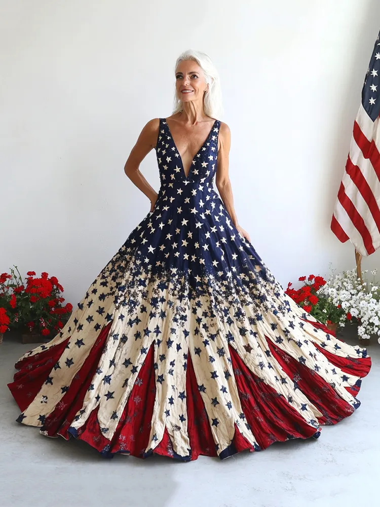 Women's Independence Day Flag And Floral Print Sleeveless Dress