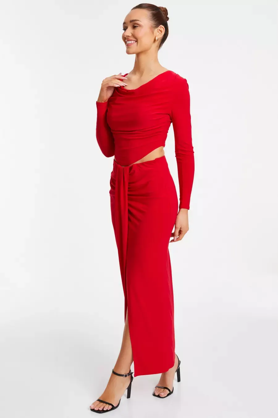 Brown Ruched Cowl Neck Top Ruched Split Maxi Skirt