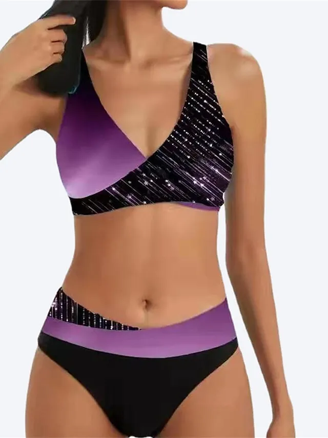 Women's Swimwear Bikini 2 Piece Normal Swimsuit Backless 2 Piece Push Up Sexy Printing Leaf Striped Black Light Green Wine Lavender Purple V Wire Bathing Suits New Vacation Stylish