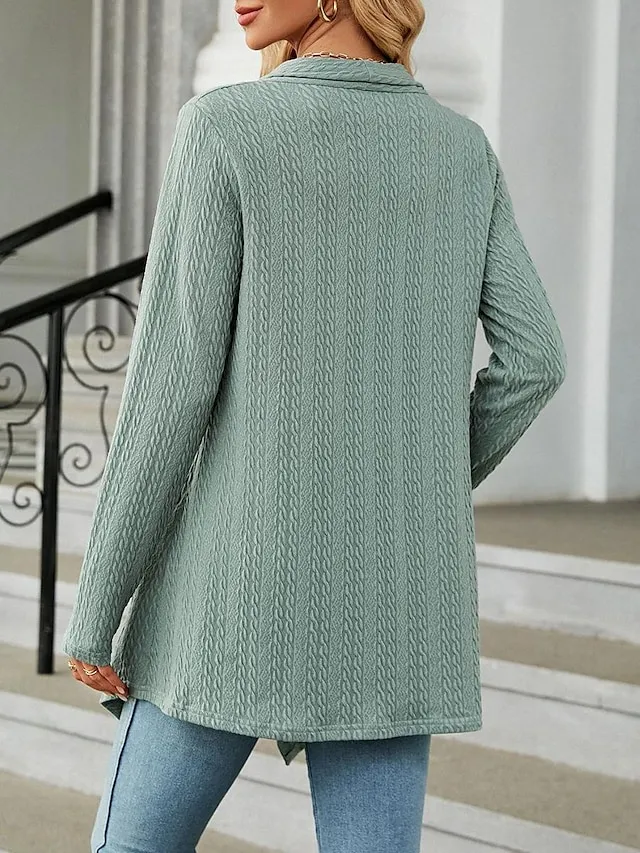 Women's Cardigan Open Front Waffle Knit Asymmetric Hem Spring Fall Daily Elegant Casual Long Sleeve Solid Color Plain Pink Green