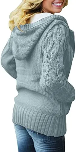 Womens Hooded Cardigans Button Up Cable Knit Sweater Coat Outerwear with Pockets