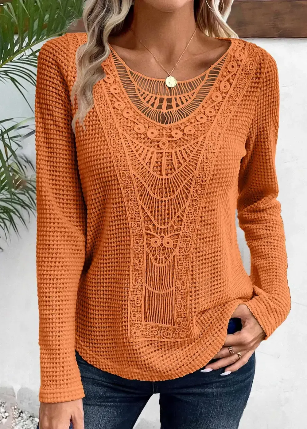 Terracotta Lace Long Sleeve Round Neck T Shirt