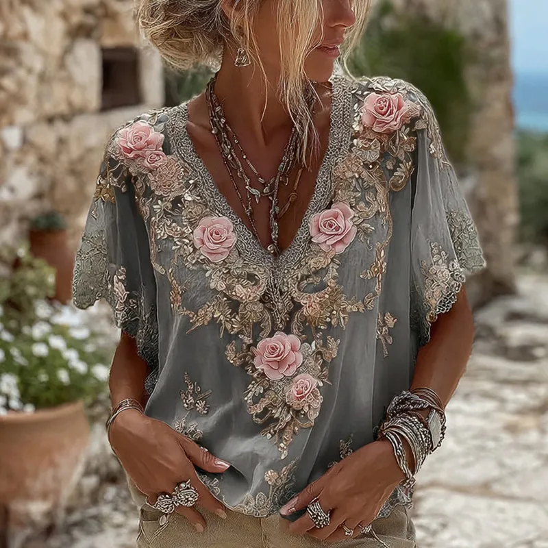 Women's Pink Roses Embroidered Art V-neck Short Sleeve Linen Blend T-shirt