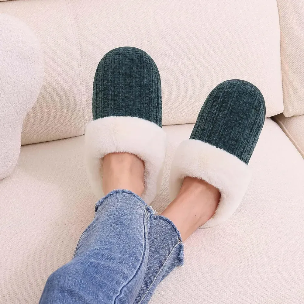 Warm Knit House Slippers for Women Comfy Wool-Like Lined Chenille Slippers with Memory Foam and Indoor Outdoor Soles