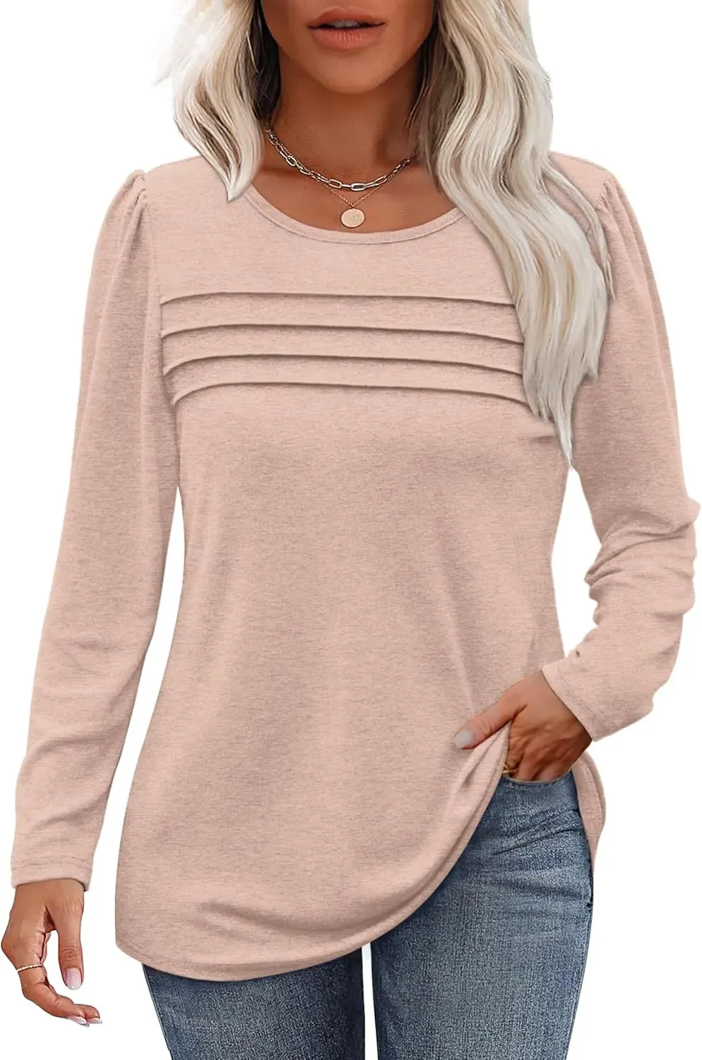 OFEEFAN Long Sleeve Shirts for Women Fall Fashion 2024 Dressy Casual Blouses Trendy Pleated Tunic Tops for Leggings