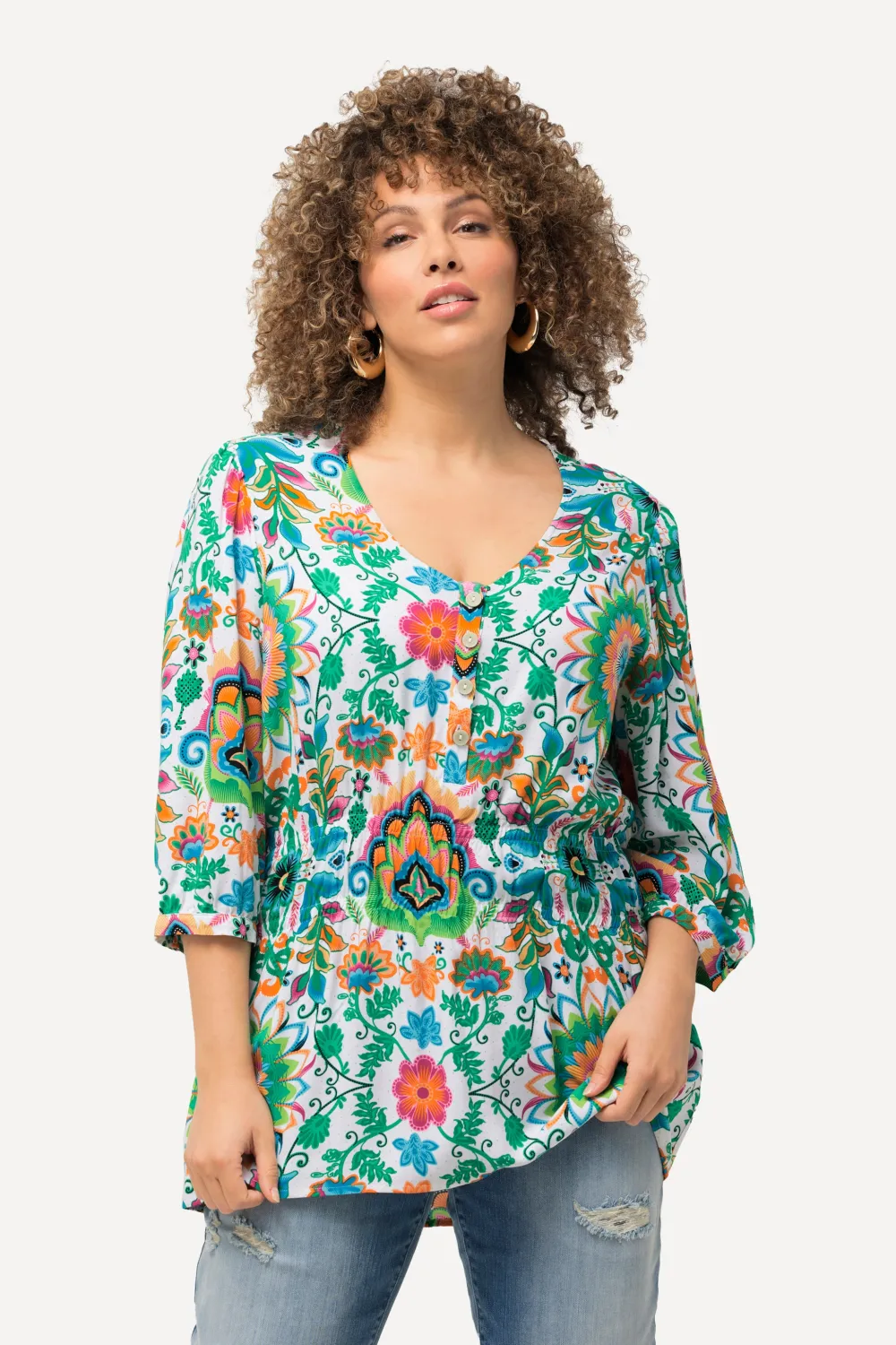 Bluse Blüten A-Linie V-Ausschnitt 3/4-Arm