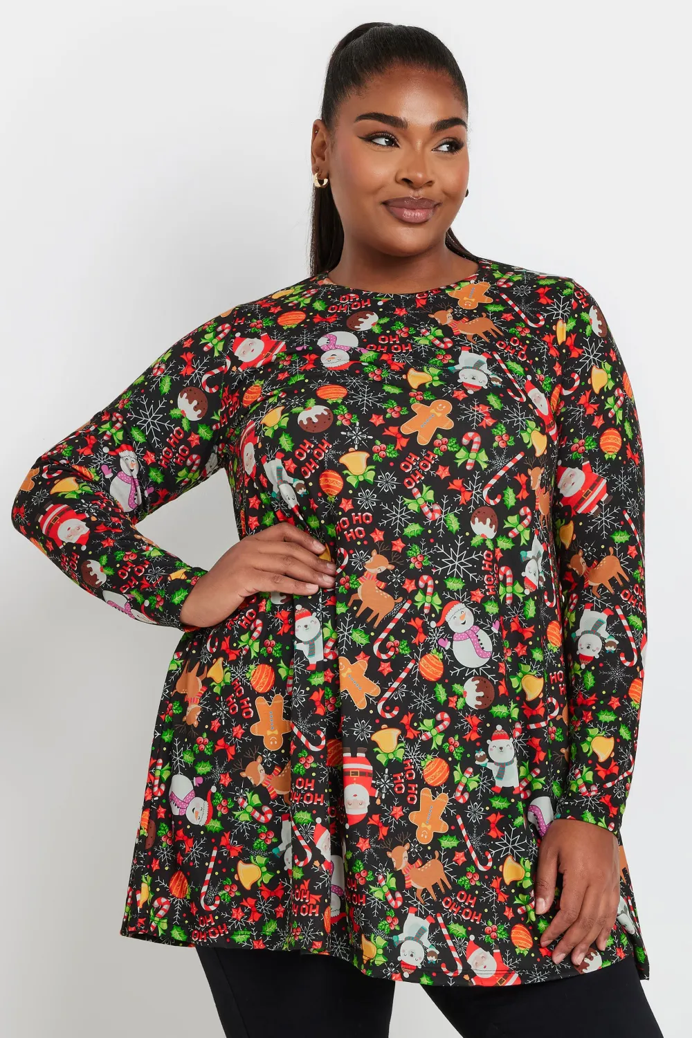 YOURS Curve Black Christmas Print Tunic Top