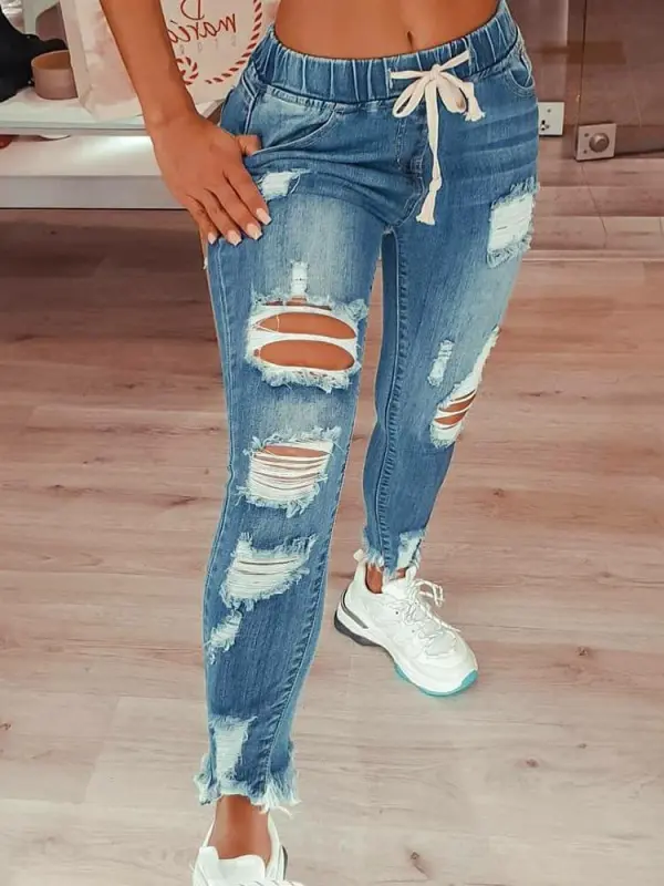 Solid Ripped Skinny Jean Pants