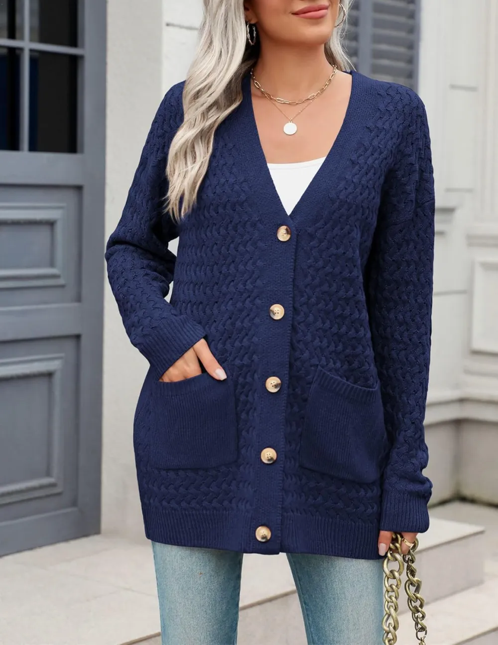 Womens 2024 Long Sleeve Chunky Cable Knit Fall Cardigans Sweaters Button Down Open Front Outerwear with Pockets