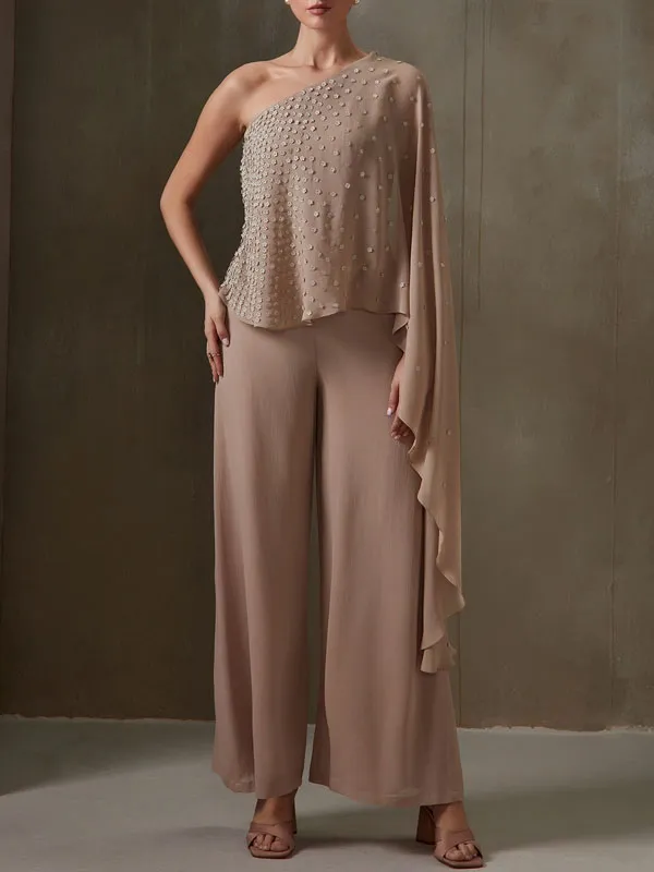 Fluttering Beaded Chiffon One Shoulder Women's Sets