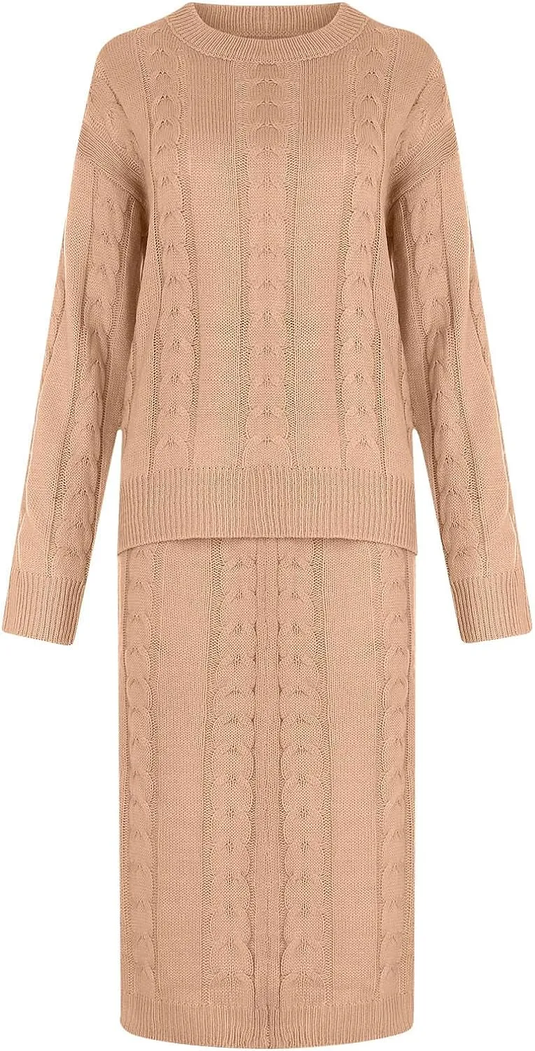 Women 2 Piece Outfits Knitted Sweater Tops and Long Skirt Turtleneck Long Sleeve Bodycon Dress Set Chunky Cable Knit