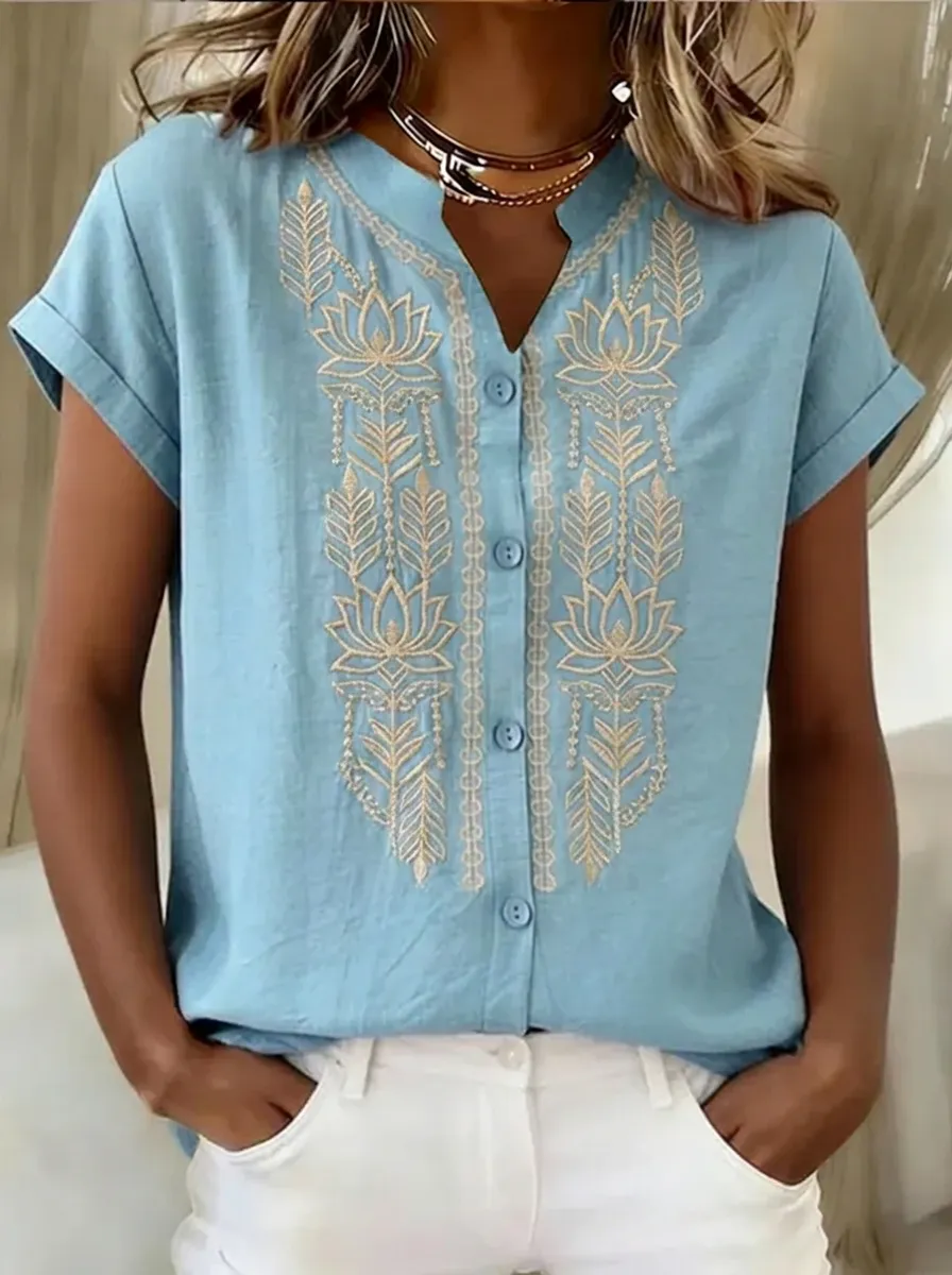 Women's Nashville Floral Lotus Embroidered V-Neck Printed Shirt