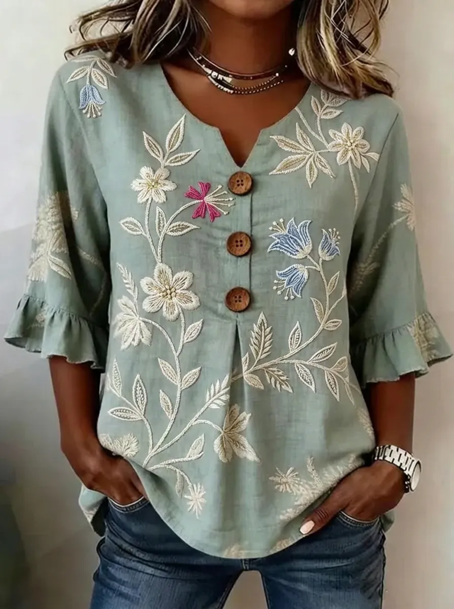 Women's Nashville Floral Embroidered Button-Down Ruffle Sleeve Top