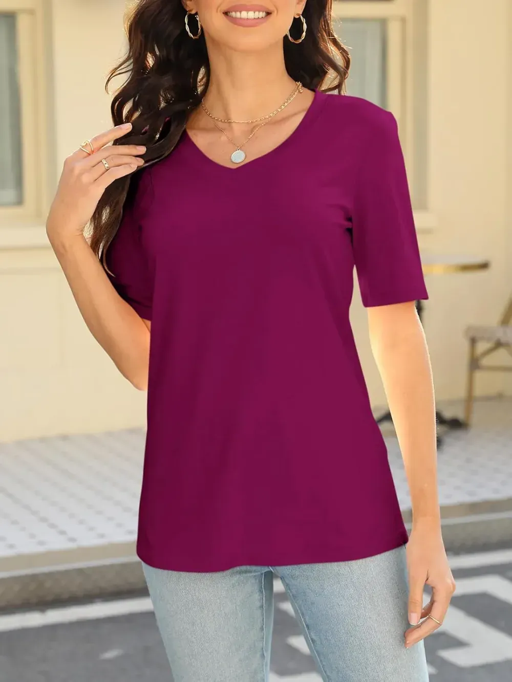 ORANDESIGNE Women's Color Block Short Sleeve T Shirts Casual V Neck Summer Tops Tees Loose Fit Blouses