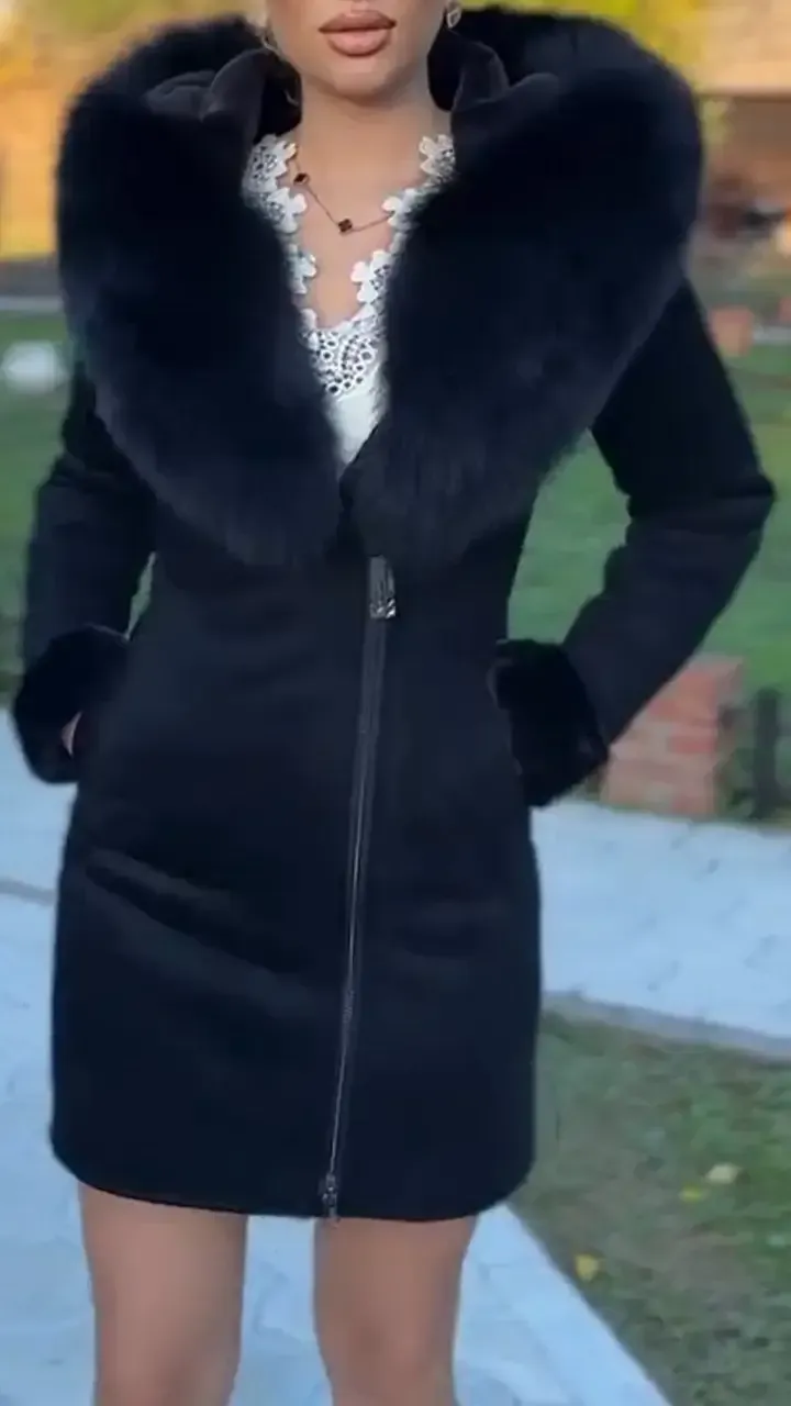 Women's Fur Hooded Zip-up Slim Coat