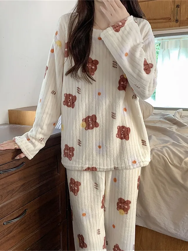 Women‘s Fleece Pajamas Sets Fluffy Fuzzy Warm Pajama Fruit Bear Plush Casual Comfort Home Daily Bed Coral Fleece Coral Velvet Warm Crew Neck Long Sleeve Pant Fall Winter Black bow Peach Pink