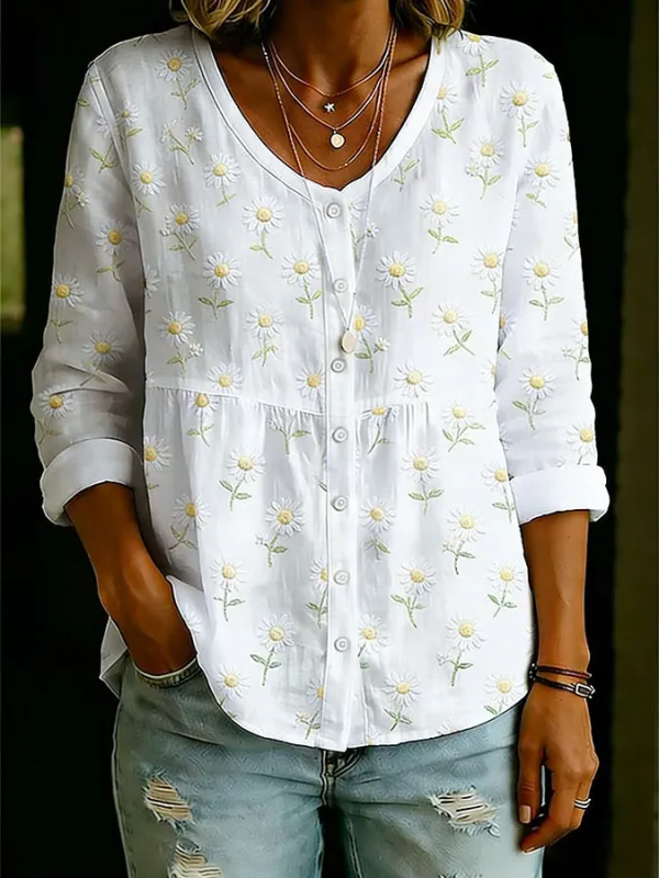Women'S Floral Art Printed Button Round Neck Shirt