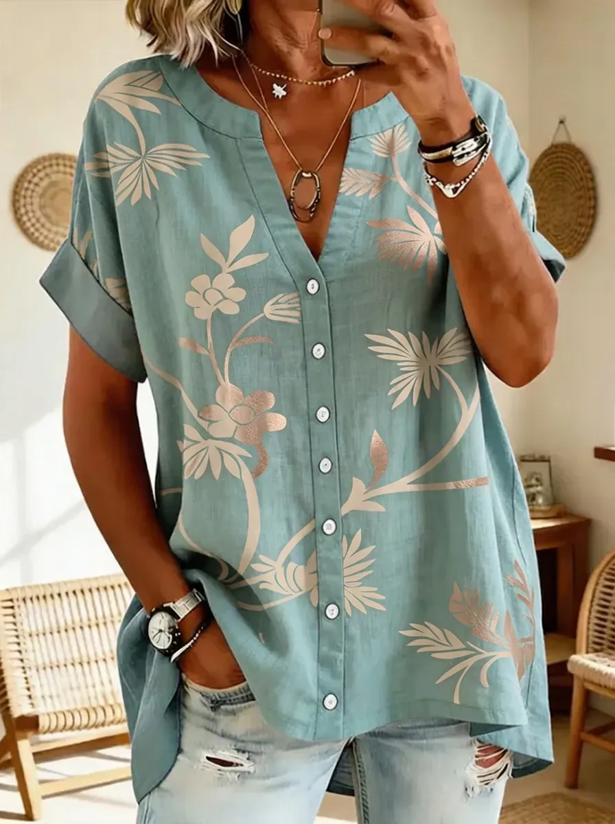 Women's Nashville Floral Botanical Printed V-Neck Button-Up Shirt