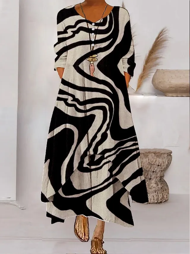 Women's Color Block Long Maxi Dress Button Layered Casual Dress Swing Dress Print Dress Fashion Modern Daily Vacation Weekend 3/4 Length Sleeve Crew Neck Dress Loose Fit Silver Black White