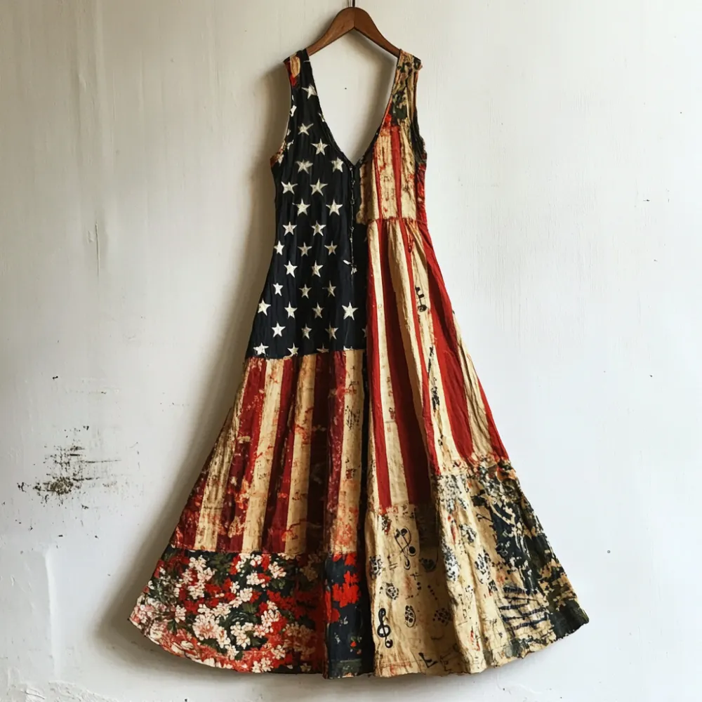 Women's Independence Day Flag And Floral Musical Notes Pattern Sleeveless Dress