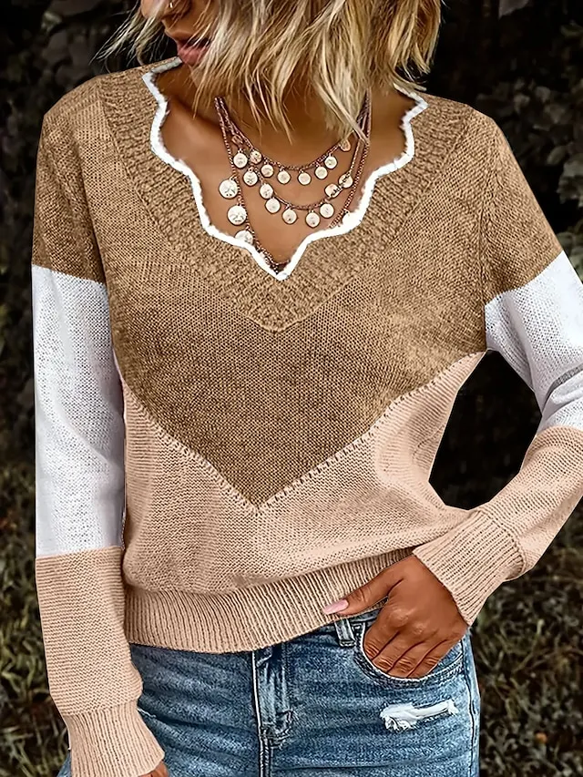 Women's Pullover Sweater Jumper V Neck Crochet Knit Cotton Blend Oversized Fall Winter Regular Daily Weekend Casual Long Sleeve Solid Color Blue Khaki Dark Gray S M L