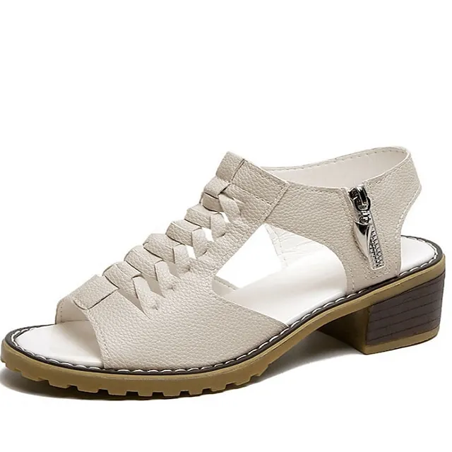 Women's Sandals Block Heel Sandals Daily Beach Summer Block Heel Low Heel Peep Toe Casual PU Leather PU Zipper Solid Color Solid Colored Black White Beige
