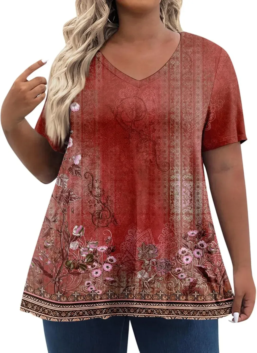 Plus Size Tops for Women Dressy Short Sleeve V Neck Shirts for Women Summer Tops for Women 2024 Floral Print Top