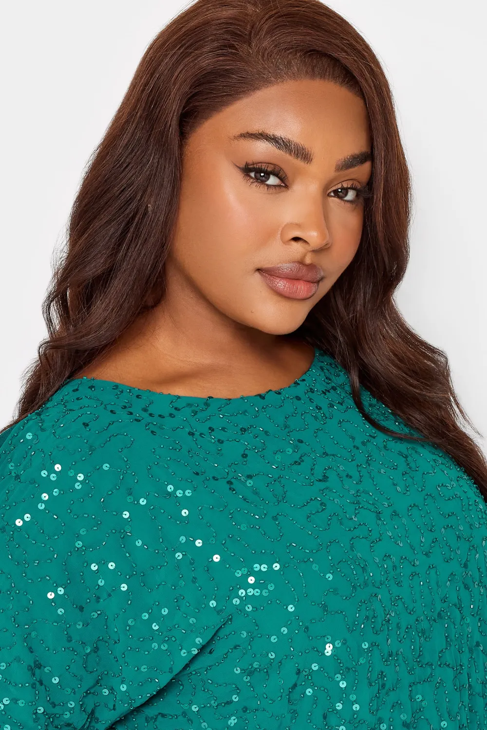 LUXE Curve Teal Green Sequin Hand Embellished Cape Dress