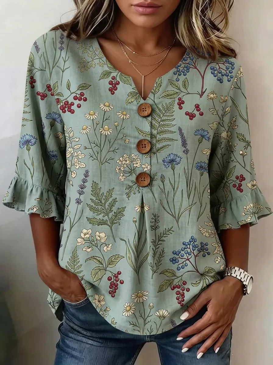 Women's Nashville Botanical Wildflower Printed V-Neck Button Top