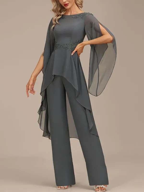 Jumpsuit/Pantsuit Separates Boat Neck Floor-Length Chiffon Evening Dress With Appliques Lace