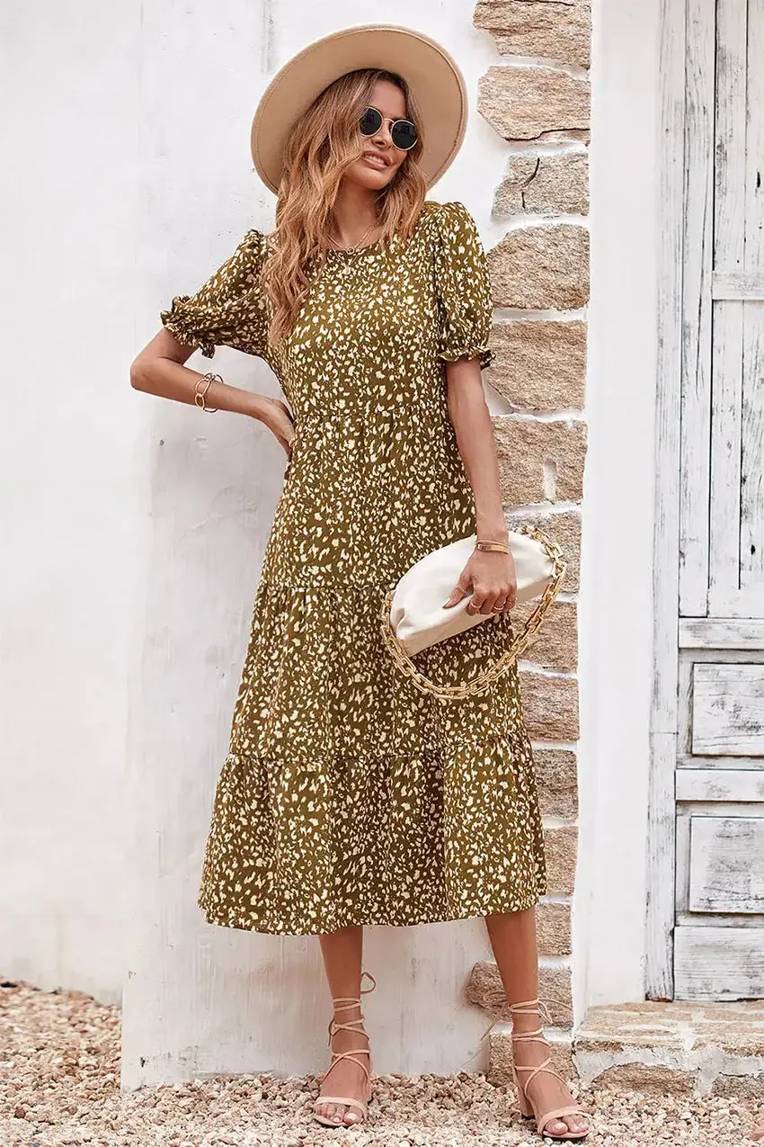 Floral Print Ruffle Puff Sleeve High Waist Midi Dresses