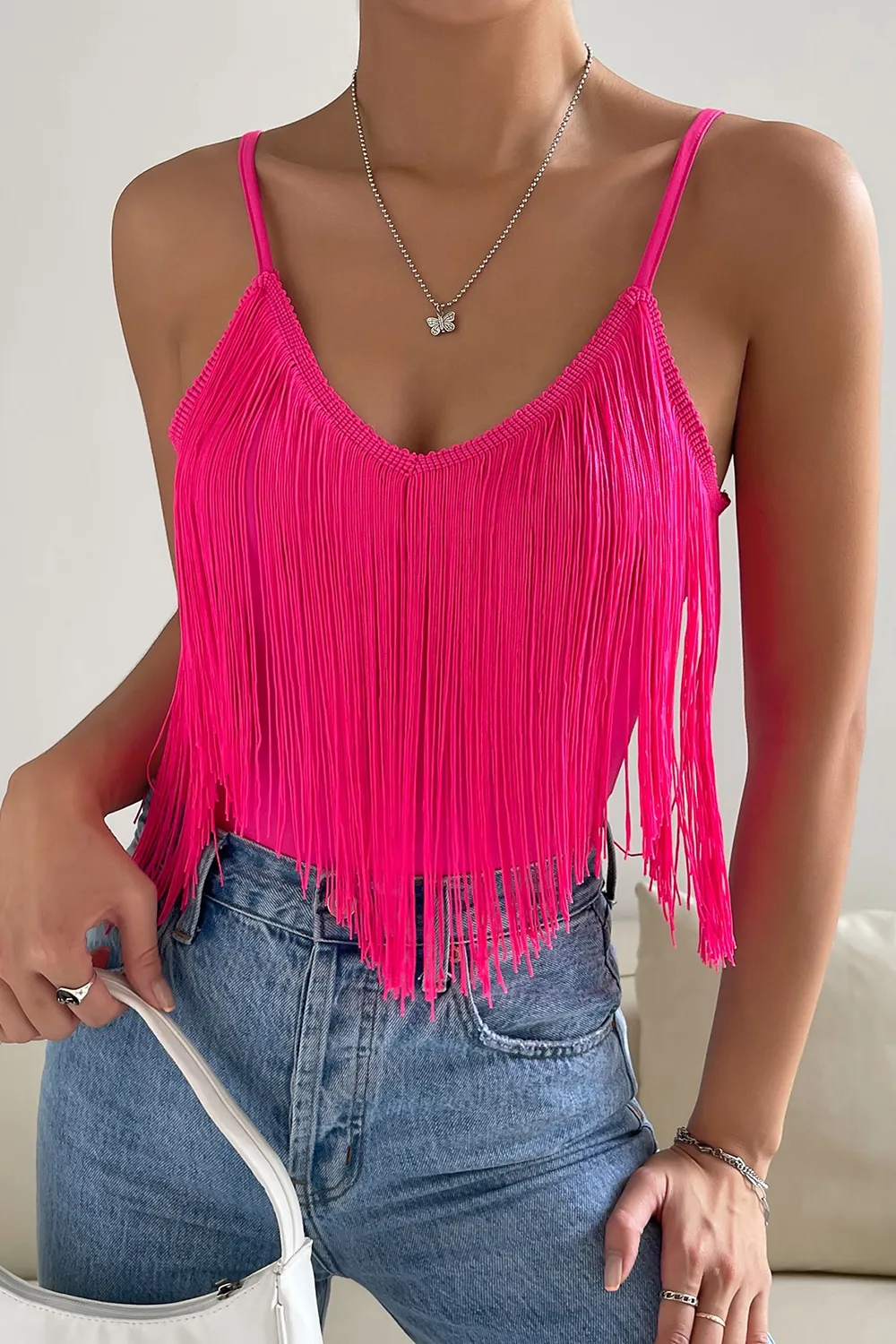 Summer Beach Solid Fringe Trim Cami Bodycon Top
