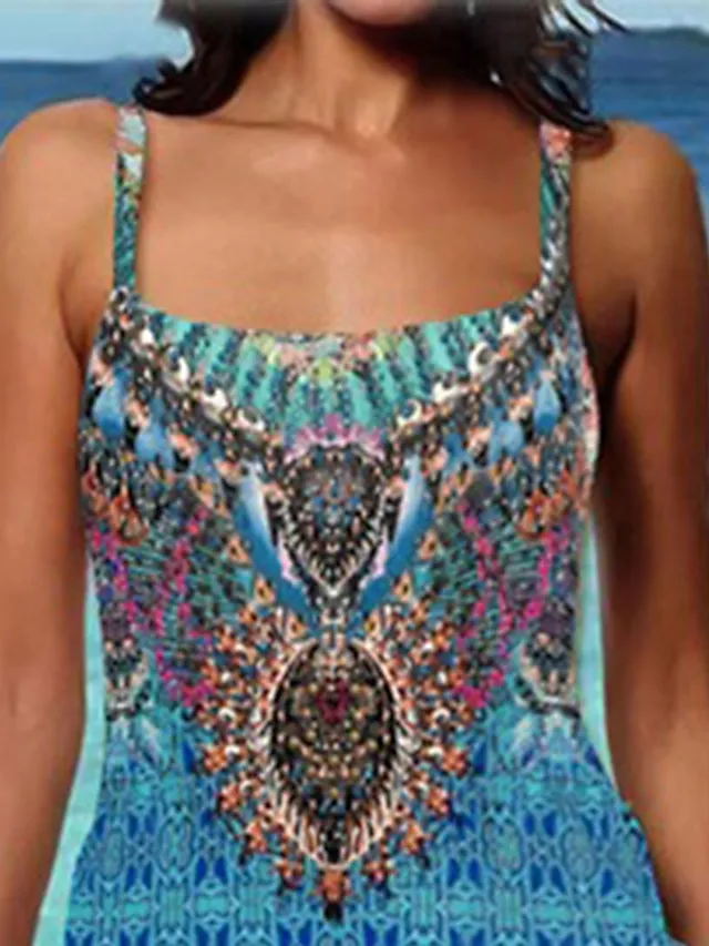 Women's Swimwear Tankini 2 Piece Normal Swimsuit 2 Piece Modest Swimwear Open Back Printing Color Block Blue Camisole Strap Bathing Suits New Vacation Fashion