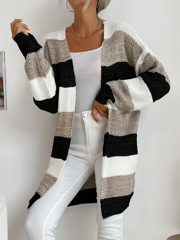 Casual Knit Cardigan Striped Colorblock Sweater Jacket